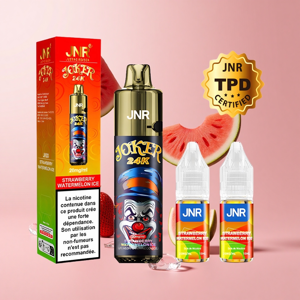 Strawberry Watermelon Ice JNR Joker 24K Puffs Refillable TPD Disposable Vape